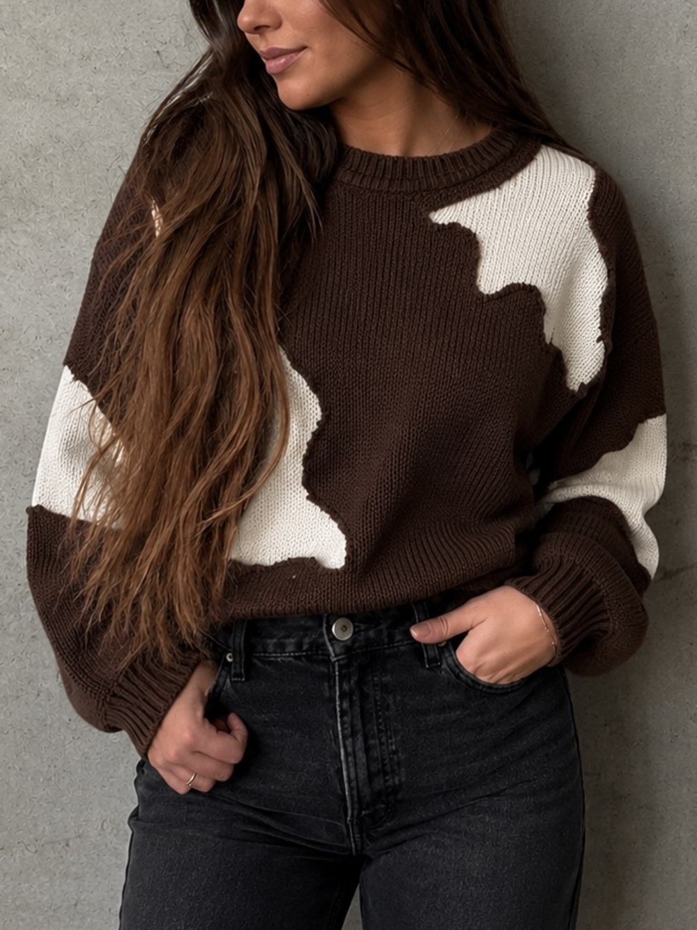 Upcycled Cozy Knit Brown Cream Cut Out Two Tone Baggy Vintage Crewneck Sweater